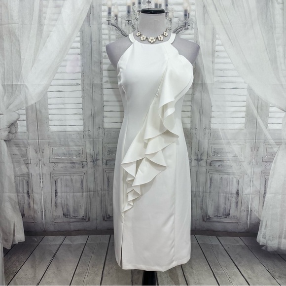 Vince Camuto Size 8 Solid White Halter Bodycon Dress Cocktail Ruffle Sleeveless - Picture 1 of 13